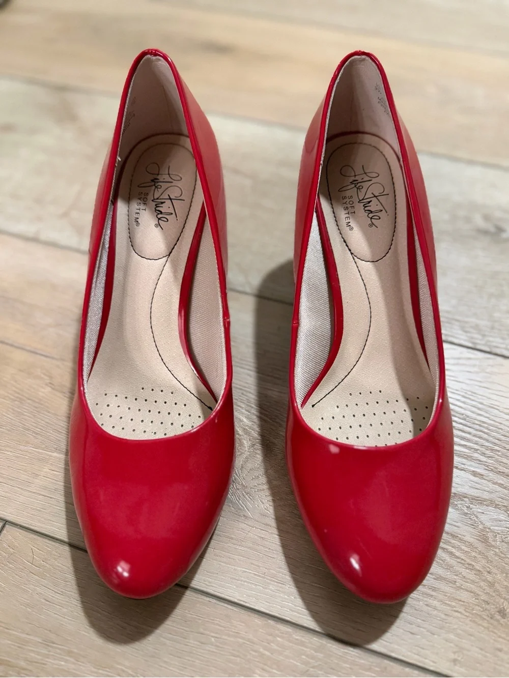 Life Stride Red Patent Round-Toe Pumps